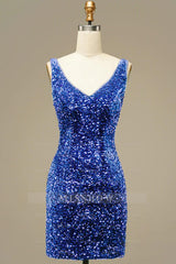 Misshow Royal Blue V Neck Sequins Homecoming Dress/Mini Dress
