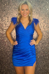 Misshow Royal Blue V-Neck Tight Short Hoco Dress with Feathers