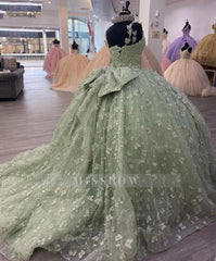 Misshow Sage Green Ball Gown Sweetheart Neckline with 3D Butterfly Lace Appliques & Tulle Skirt for Quinceanera or Sweet 16