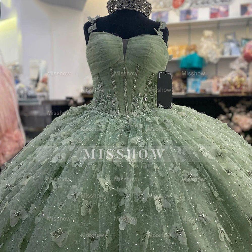 Misshow Sage Green Ball Gown Sweetheart Neckline with 3D Butterfly Lace Appliques & Tulle Skirt for Quinceanera or Sweet 16