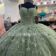 Misshow Sage Green Ball Gown Sweetheart Neckline with 3D Butterfly Lace Appliques & Tulle Skirt for Quinceanera or Sweet 16
