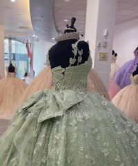 Misshow Sage Green Ball Gown Sweetheart Neckline with 3D Butterfly Lace Appliques & Tulle Skirt for Quinceanera or Sweet 16