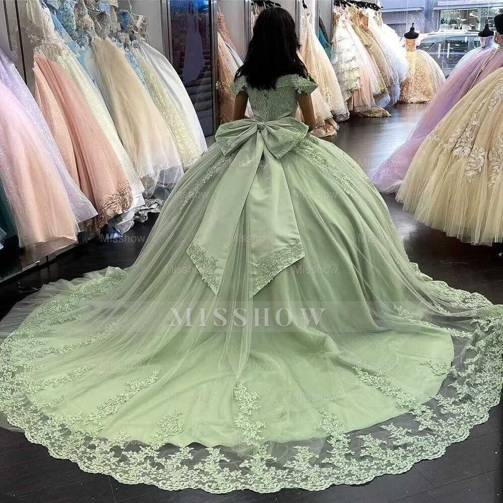 Misshow Sage Green Ball Gown with Off-Shoulder Lace Appliques & Sweep Train for Quinceanera or Sweet 16