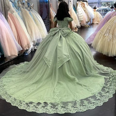 Misshow Sage Green Ball Gown with Off-Shoulder Lace Appliques & Sweep Train for Quinceanera or Sweet 16