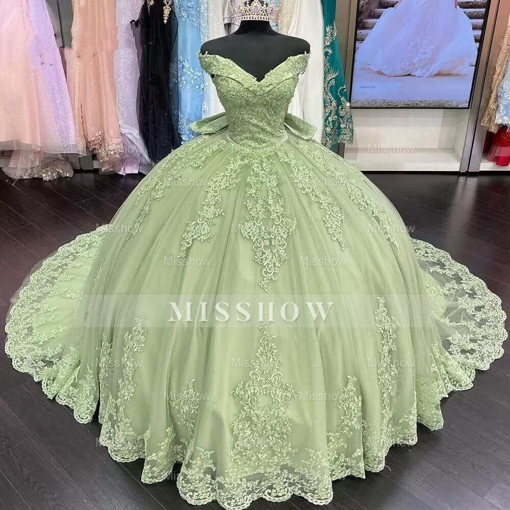 Misshow Sage Green Ball Gown with Off-Shoulder Lace Appliques & Sweep Train for Quinceanera or Sweet 16