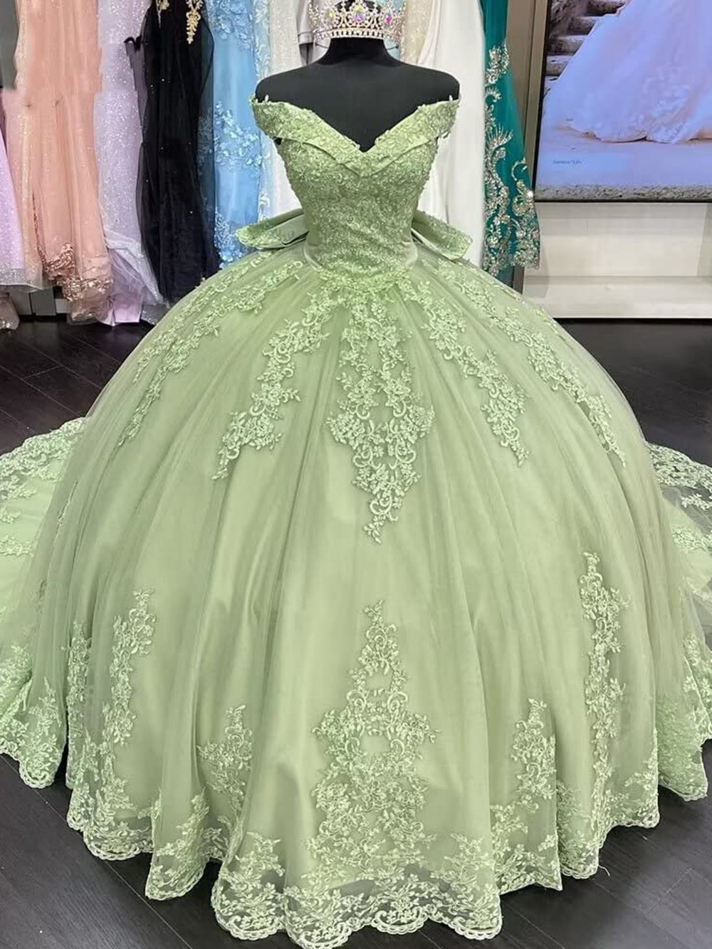 Misshow Sage Green Ball Gown with Off-Shoulder Lace Appliques & Sweep Train for Quinceanera or Sweet 16