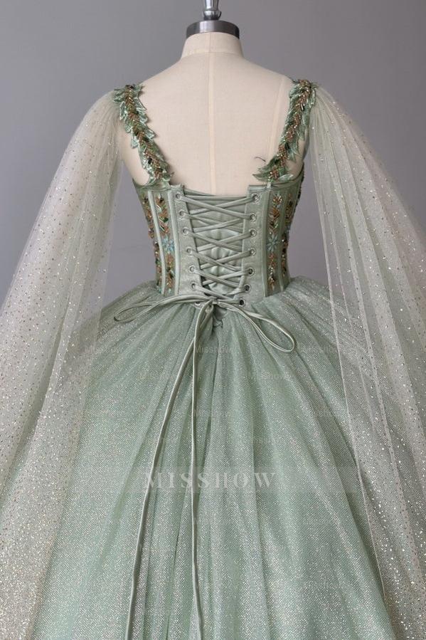 Misshow Sage Green Beaded Ball Gown Sweetheart Neckline Sparkling Tulle Quinceanera Dress for Sweet 16 & Formal Evenings