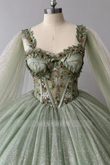 Misshow Sage Green Beaded Ball Gown Sweetheart Neckline Sparkling Tulle Quinceanera Dress for Sweet 16 & Formal Evenings