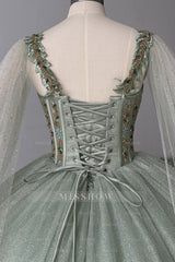 Misshow Sage Green Beaded Ball Gown Sweetheart Neckline Sparkling Tulle Quinceanera Dress for Sweet 16 & Formal Evenings