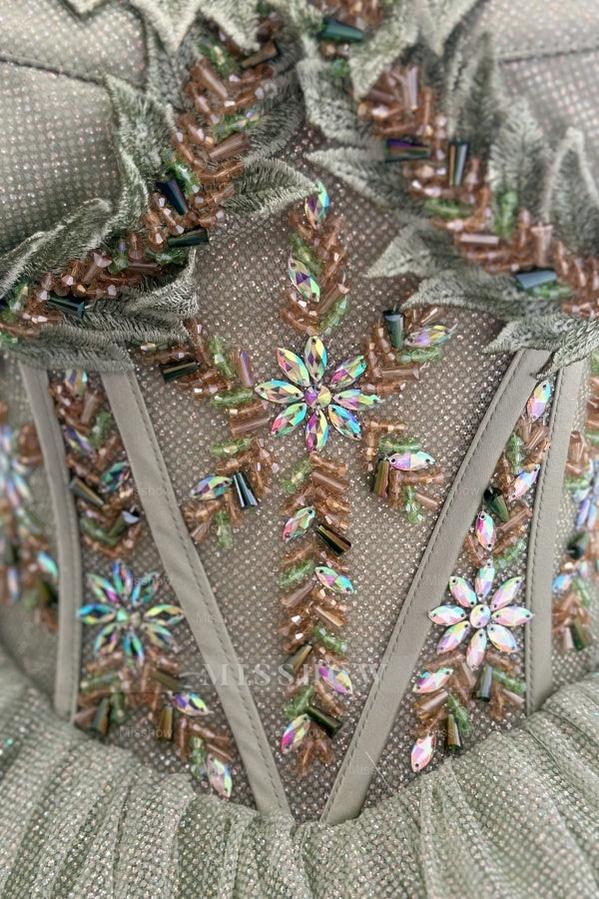 Misshow Sage Green Beaded Ball Gown Sweetheart Neckline Sparkling Tulle Quinceanera Dress for Sweet 16 & Formal Evenings