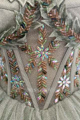 Misshow Sage Green Beaded Ball Gown Sweetheart Neckline Sparkling Tulle Quinceanera Dress for Sweet 16 & Formal Evenings