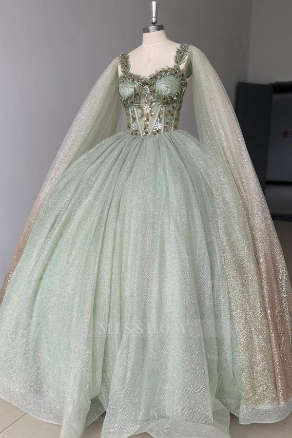 Misshow Sage Green Beaded Ball Gown Sweetheart Neckline Sparkling Tulle Quinceanera Dress for Sweet 16 & Formal Evenings