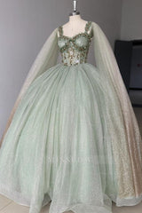 Misshow Sage Green Beaded Ball Gown Sweetheart Neckline Sparkling Tulle Quinceanera Dress for Sweet 16 & Formal Evenings
