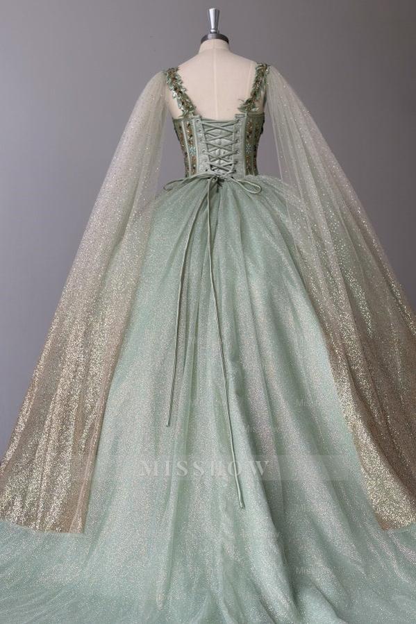 Misshow Sage Green Beaded Ball Gown Sweetheart Neckline Sparkling Tulle Quinceanera Dress for Sweet 16 & Formal Evenings