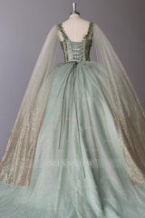 Misshow Sage Green Beaded Ball Gown Sweetheart Neckline Sparkling Tulle Quinceanera Dress for Sweet 16 & Formal Evenings