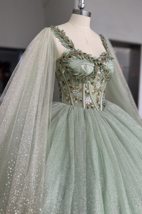 Misshow Sage Green Beaded Ball Gown Sweetheart Neckline Sparkling Tulle Quinceanera Dress for Sweet 16 & Formal Evenings