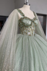 Misshow Sage Green Beaded Ball Gown Sweetheart Neckline Sparkling Tulle Quinceanera Dress for Sweet 16 & Formal Evenings