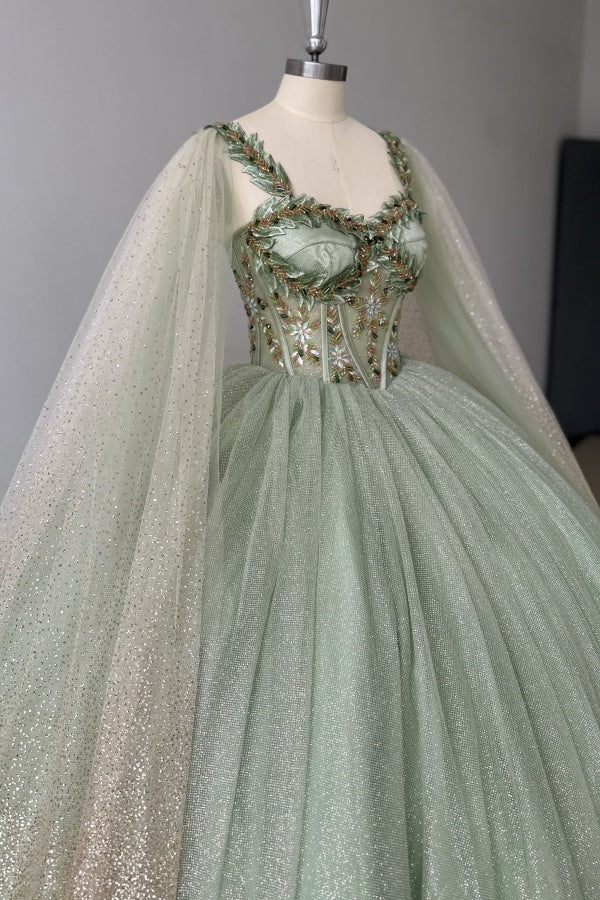 Misshow Sage Green Beaded Ball Gown Sweetheart Neckline Sparkling Tulle Quinceanera Dress for Sweet 16 & Formal Evenings