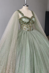 Misshow Sage Green Beaded Ball Gown Sweetheart Neckline Sparkling Tulle Quinceanera Dress for Sweet 16 & Formal Evenings