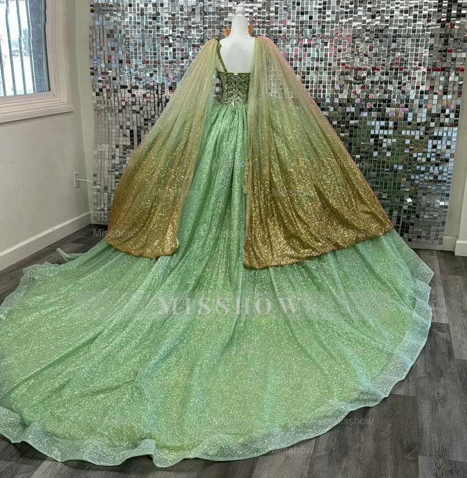 Misshow Sage Green Beaded Ball Gown Sweetheart Neckline Sparkling Tulle Quinceanera Dress for Sweet 16 & Formal Evenings