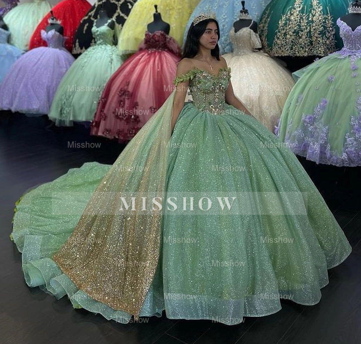Misshow Sage Green Beaded Ball Gown Sweetheart Neckline Sparkling Tulle Quinceanera Dress for Sweet 16 & Formal Evenings