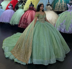 Misshow Sage Green Beaded Ball Gown Sweetheart Neckline Sparkling Tulle Quinceanera Dress for Sweet 16 & Formal Evenings