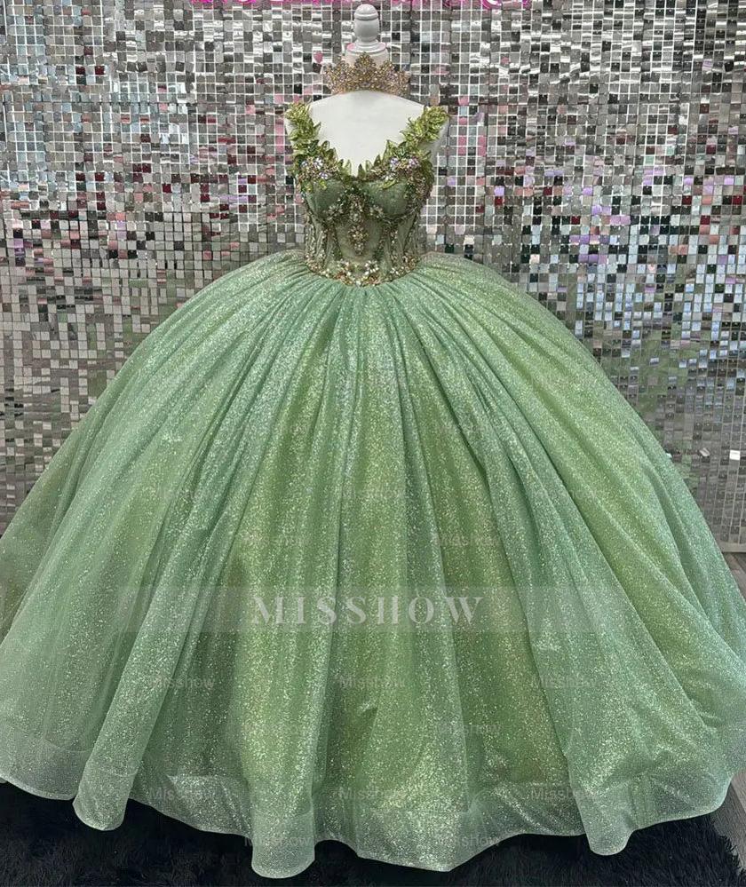 Misshow Sage Green Beaded Ball Gown Sweetheart Neckline Sparkling Tulle Quinceanera Dress for Sweet 16 & Formal Evenings