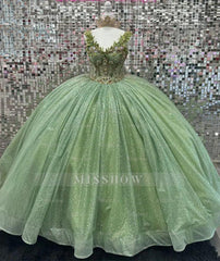 Misshow Sage Green Beaded Ball Gown Sweetheart Neckline Sparkling Tulle Quinceanera Dress for Sweet 16 & Formal Evenings