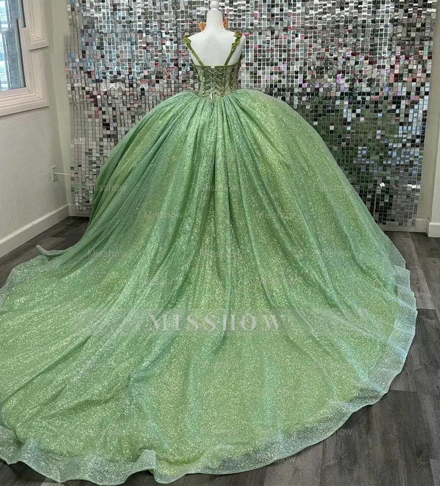 Misshow Sage Green Beaded Ball Gown Sweetheart Neckline Sparkling Tulle Quinceanera Dress for Sweet 16 & Formal Evenings
