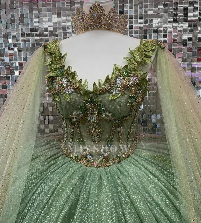 Misshow Sage Green Beaded Ball Gown Sweetheart Neckline Sparkling Tulle Quinceanera Dress for Sweet 16 & Formal Evenings