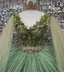 Misshow Sage Green Beaded Ball Gown Sweetheart Neckline Sparkling Tulle Quinceanera Dress for Sweet 16 & Formal Evenings