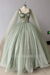 Misshow Sage Green Beaded Ball Gown Sweetheart Neckline Sparkling Tulle Quinceanera Dress for Sweet 16 & Formal Evenings