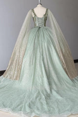 Misshow Sage Green Beaded Ball Gown Sweetheart Neckline Sparkling Tulle Quinceanera Dress for Sweet 16 & Formal Evenings