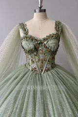 Misshow Sage Green Beaded Ball Gown Sweetheart Neckline Sparkling Tulle Quinceanera Dress for Sweet 16 & Formal Evenings
