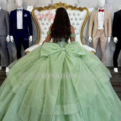 Misshow Sage Green Off-Shoulder Ball Gown Sparkling Sequins & Beaded Tulle Quinceanera Dress for Sweet 16