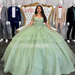 Misshow Sage Green Off-Shoulder Ball Gown Sparkling Sequins & Beaded Tulle Quinceanera Dress for Sweet 16