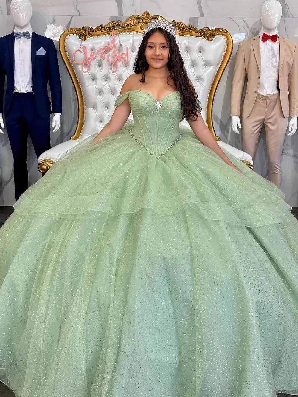Misshow Sage Green Off-Shoulder Ball Gown Sparkling Sequins & Beaded Tulle Quinceanera Dress for Sweet 16