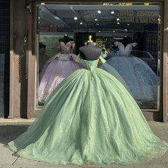 Misshow Sage Green Off-Shoulder Ball Gown with Beaded Detailing & Glitter Tulle Skirt Perfect for Quinceanera Sweet 16 and Formal Evening Events