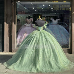 Misshow Sage Green Off-Shoulder Ball Gown with Beaded Detailing & Glitter Tulle Skirt Perfect for Quinceanera Sweet 16 and Formal Evening Events