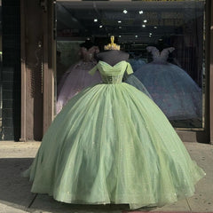 Misshow Sage Green Off-Shoulder Ball Gown with Beaded Detailing & Glitter Tulle Skirt Perfect for Quinceanera Sweet 16 and Formal Evening Events