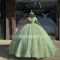Misshow Sage Green Off-Shoulder Ball Gown with Beaded Detailing & Glitter Tulle Skirt Perfect for Quinceanera Sweet 16 and Formal Evening Events