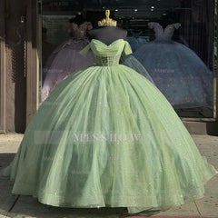 Misshow Sage Green Off-Shoulder Ball Gown with Beaded Detailing & Glitter Tulle Skirt Perfect for Quinceanera Sweet 16 and Formal Evening Events