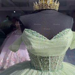 Misshow Sage Green Off-Shoulder Ball Gown with Beaded Detailing & Glitter Tulle Skirt Perfect for Quinceanera Sweet 16 and Formal Evening Events