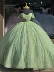 Misshow Sage Green Off-Shoulder Ball Gown with Beaded Detailing & Glitter Tulle Skirt Perfect for Quinceanera Sweet 16 and Formal Evening Events