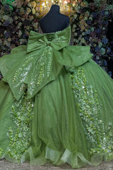 Misshow Sage Green Quinceanera Dress Strapless Beaded Tulle Ball Gown with Shawl & Bow for Sweet 16 & Formal Events
