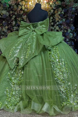 Misshow Sage Green Quinceanera Dress Strapless Beaded Tulle Ball Gown with Shawl & Bow for Sweet 16 & Formal Events