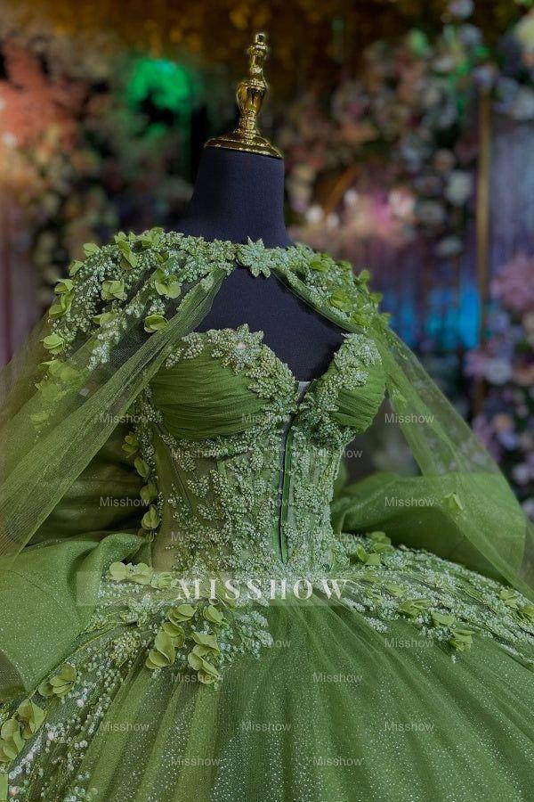 Misshow Sage Green Quinceanera Dress Strapless Beaded Tulle Ball Gown with Shawl & Bow for Sweet 16 & Formal Events