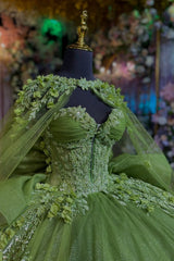 Misshow Sage Green Quinceanera Dress Strapless Beaded Tulle Ball Gown with Shawl & Bow for Sweet 16 & Formal Events
