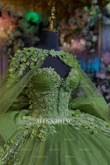 Misshow Sage Green Quinceanera Dress Strapless Beaded Tulle Ball Gown with Shawl & Bow for Sweet 16 & Formal Events
