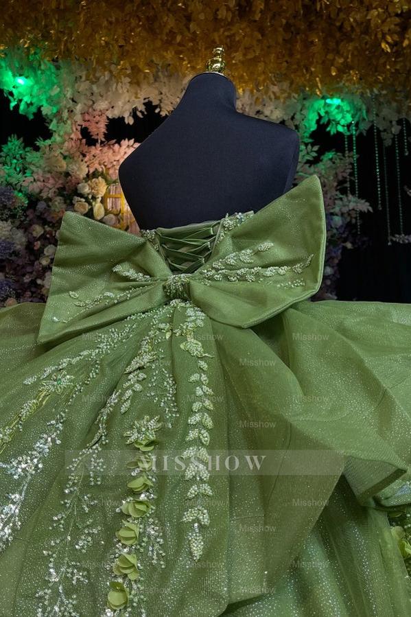Misshow Sage Green Quinceanera Dress Strapless Beaded Tulle Ball Gown with Shawl & Bow for Sweet 16 & Formal Events